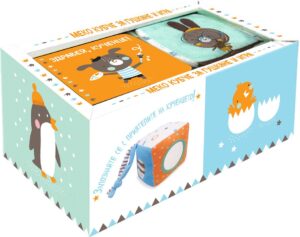 Здравей, кученце! (Комплект от картонена книжка и меко кубче за гушкане и игри)