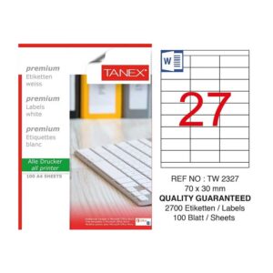 Tanex Самозалепващи етикети, A4, 70 х 30 mm, 27 броя, 100 листа