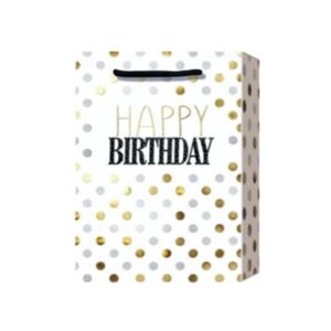 Подаръчна торбичка Happy Birthday, точки, 31 х 42 х 12 cm, бяла