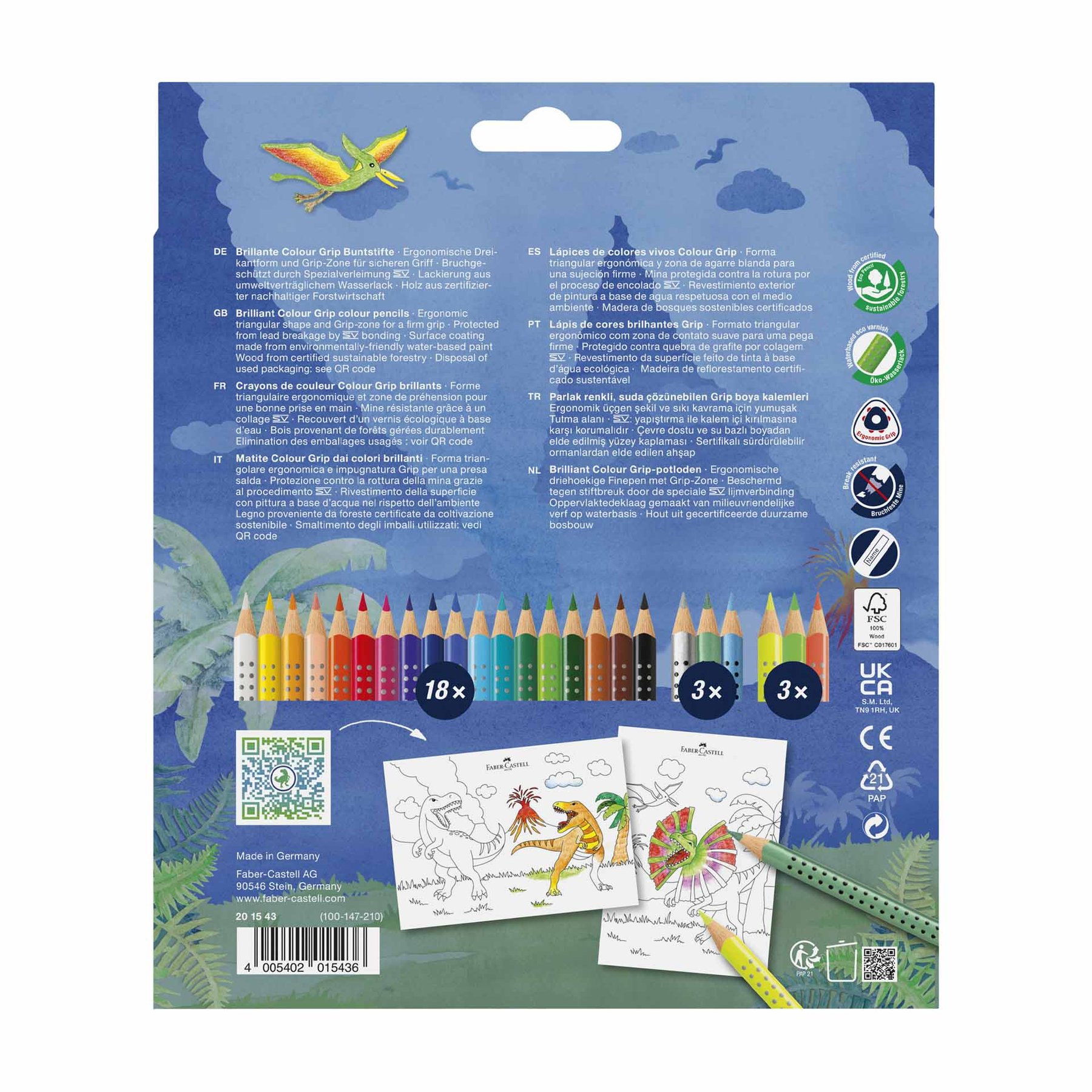 Faber-Castell Цветни моливи Grip 2001 - Динозавър, 18 стандартни, 3 неонови и 3 металикови цвята - Image 2