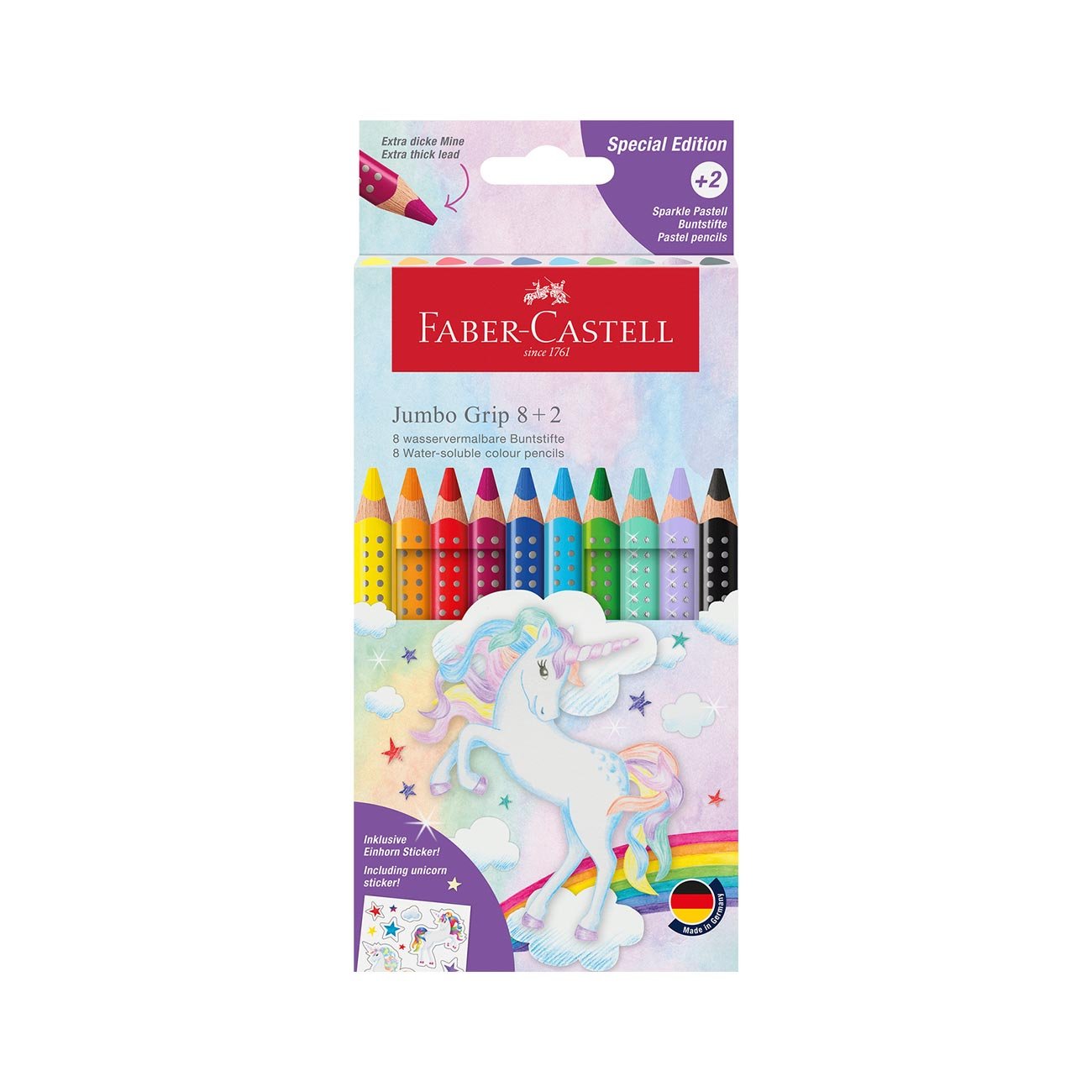Faber-Castell Моливи Jumbo Еднорог, 8 стандартни, 2 пастелни цвята
