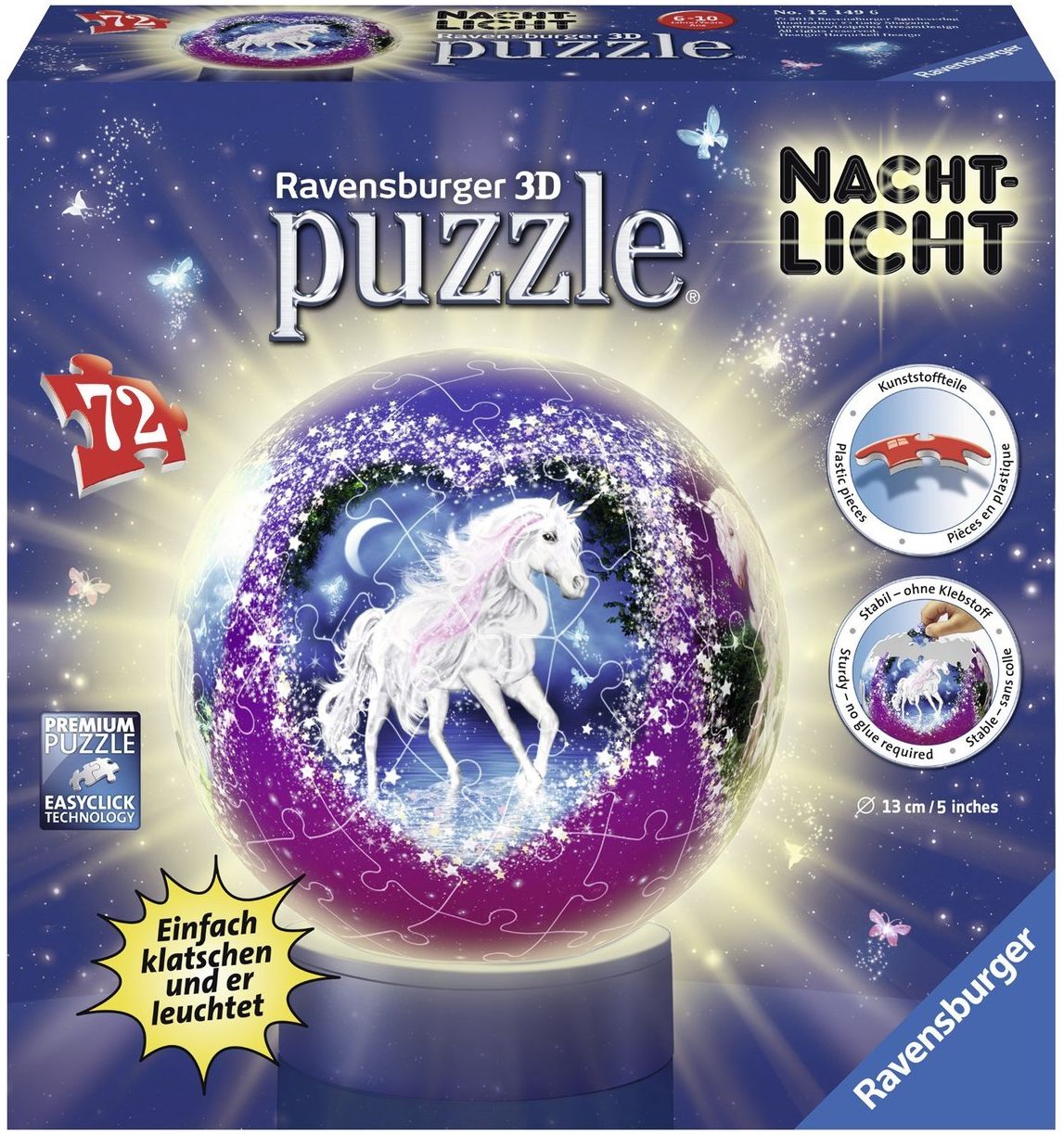 3D Пъзел Ravensburger от 72 части - Вълшебен еднорог, светещ