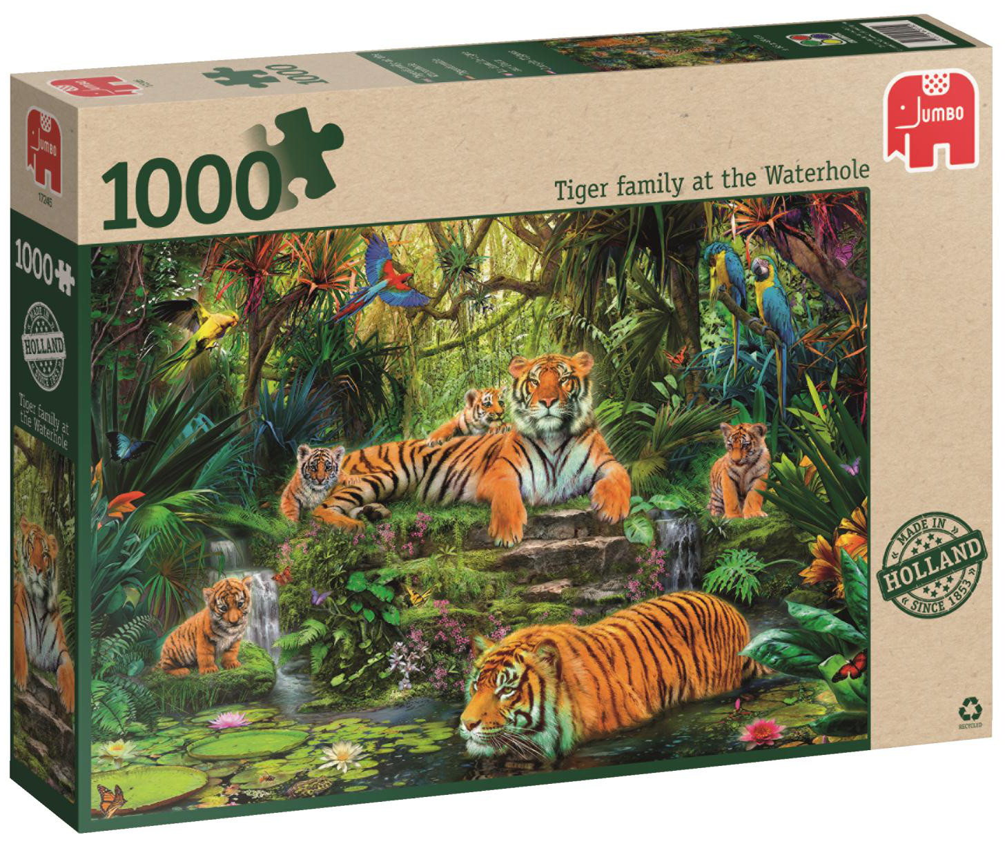 Пъзел Jumbo от 1000 части - Семейство тигри под водопада