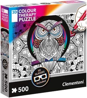 Пъзел за оцветяване Clementoni от 500 части - Бухал, с 3D очила
