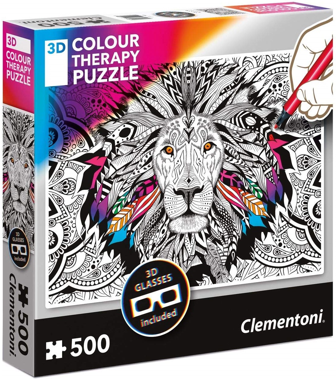 Пъзел за оцветяване Clementoni от 500 части - Лъв, с 3D очила