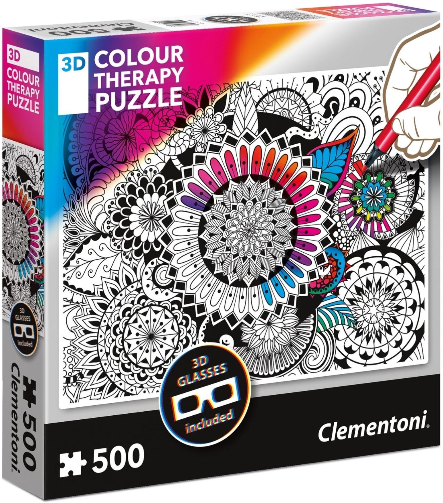 Пъзел за оцветяване Clementoni от 500 части - Мандала, с 3D очила