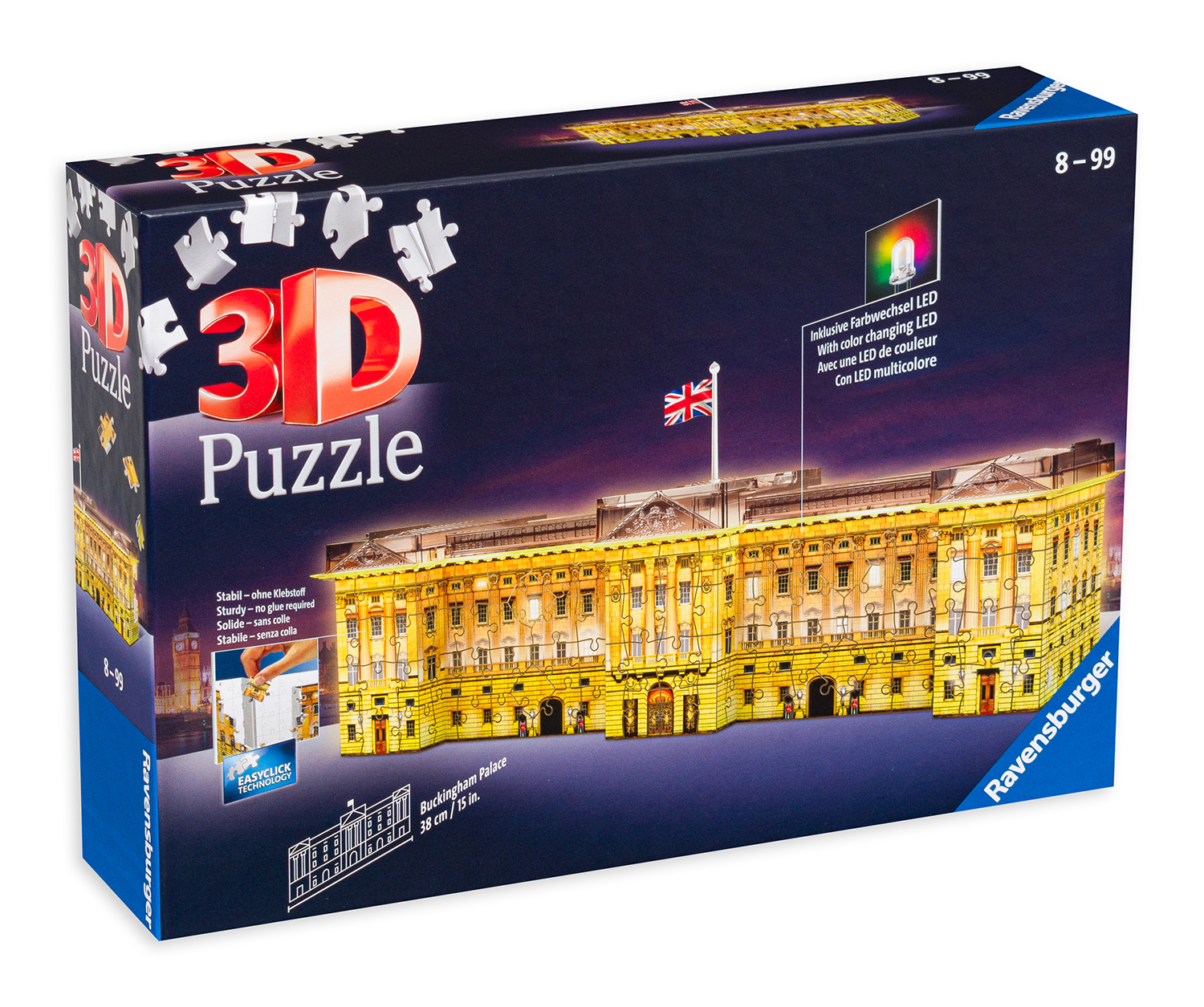 3D Пъзел Ravensburger от 216 части - Бъкингамският дворец през нощта, светещ