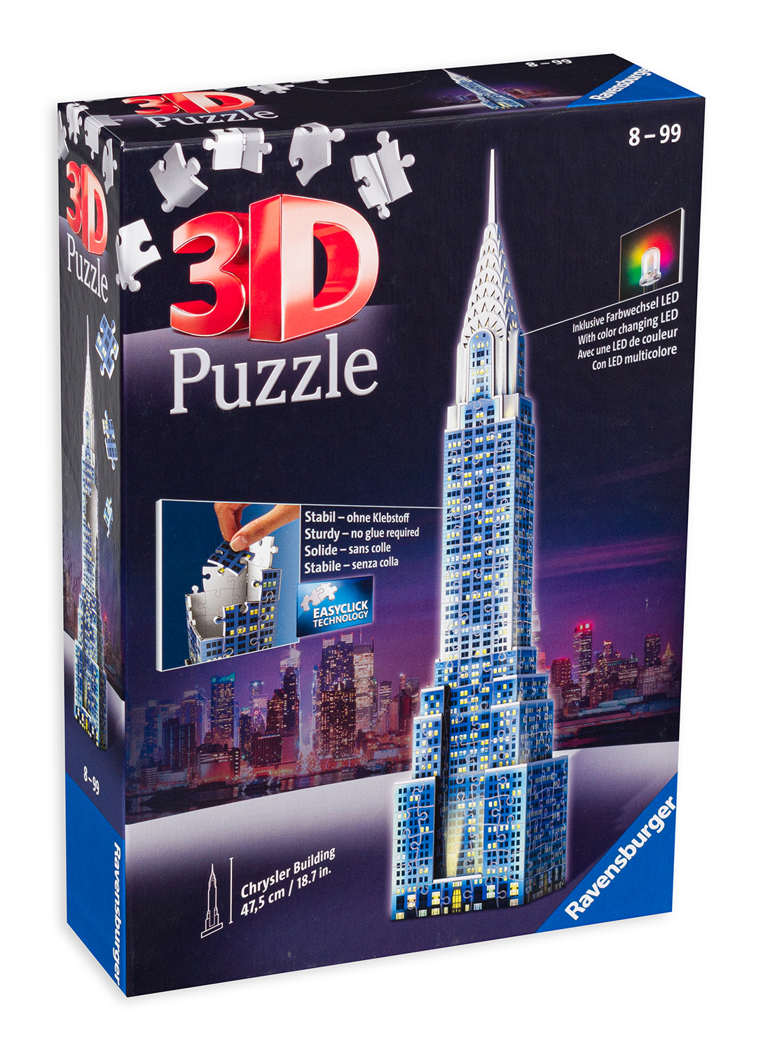 3D пъзел Ravensburger от 216 части - Светещ Крайслер билдинг през нощта