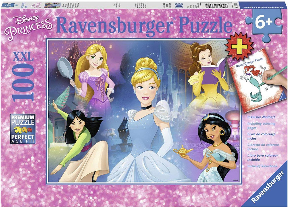 Пъзел Ravensburger от 100 XXL части - Очарователни принцеси, с книжка за оцветяване