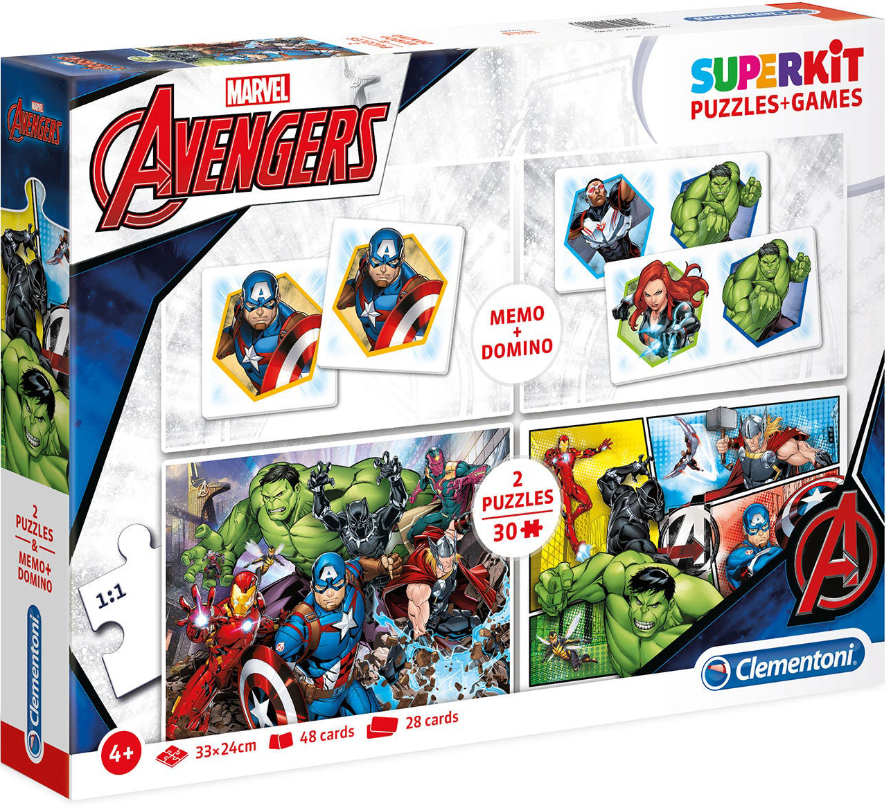 Пъзел Clementoni от 2 x 30 части, мемо игра и домино - Отмъстителите