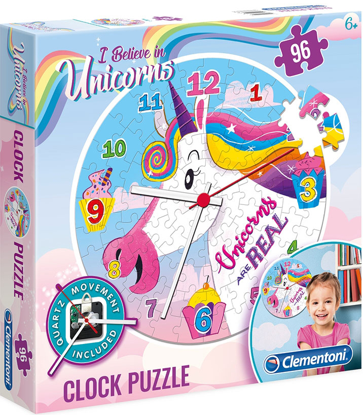 Пъзел-часовник Clementoni от 96 части - Вярвай в еднорози, с механизъм