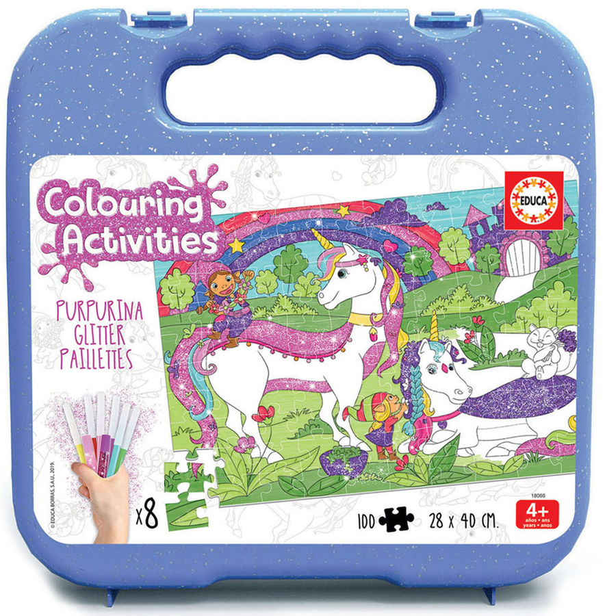 Пъзел за оцветяване Educa от 100 части - Еднорог, с 8 флумастера