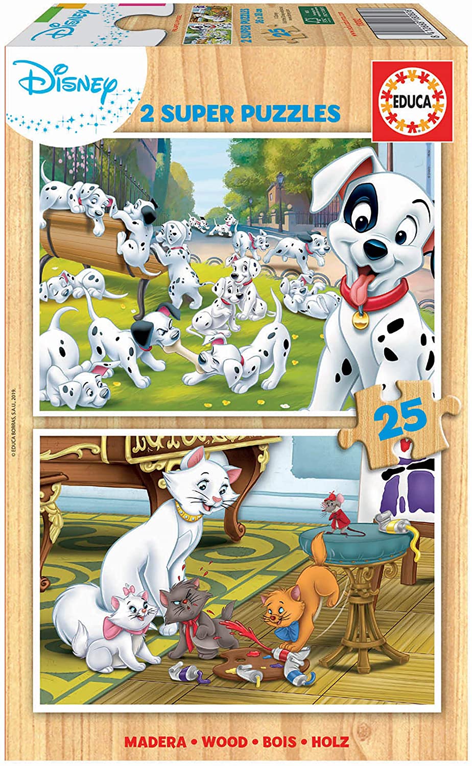 Пъзел Educa от 2 x 25 части - Дисни животни, 101 далматинци и Аристокотките