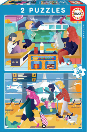 Пъзел Educa от 2 x 48 части - На летището и гарата
