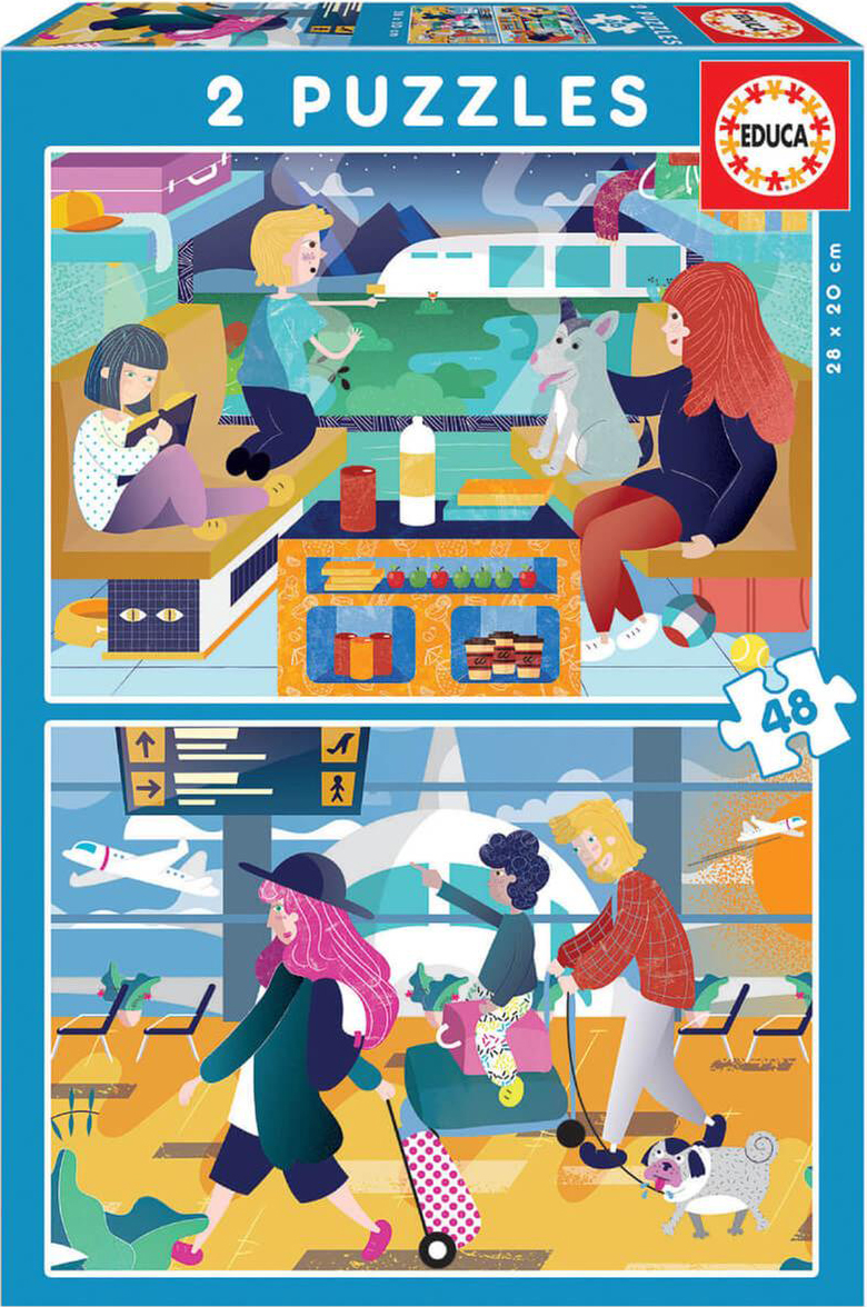 Пъзел Educa от 2 x 48 части - На летището и гарата
