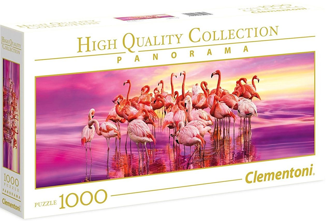Панорамен пъзел Clementoni от 1000 части - Танцът на розовите фламинга