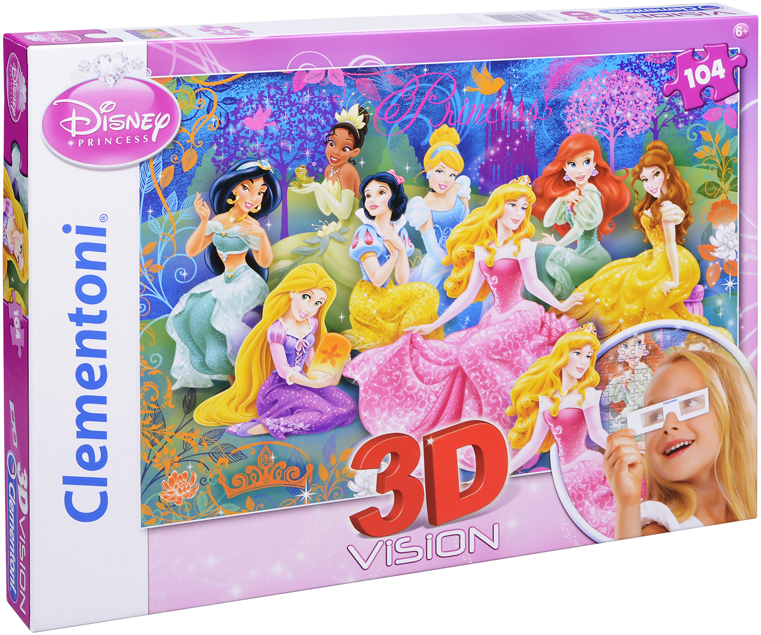 Пъзел Clementoni от 104 части с 3D ефект - Принцесите на Дисни, с 3D очила
