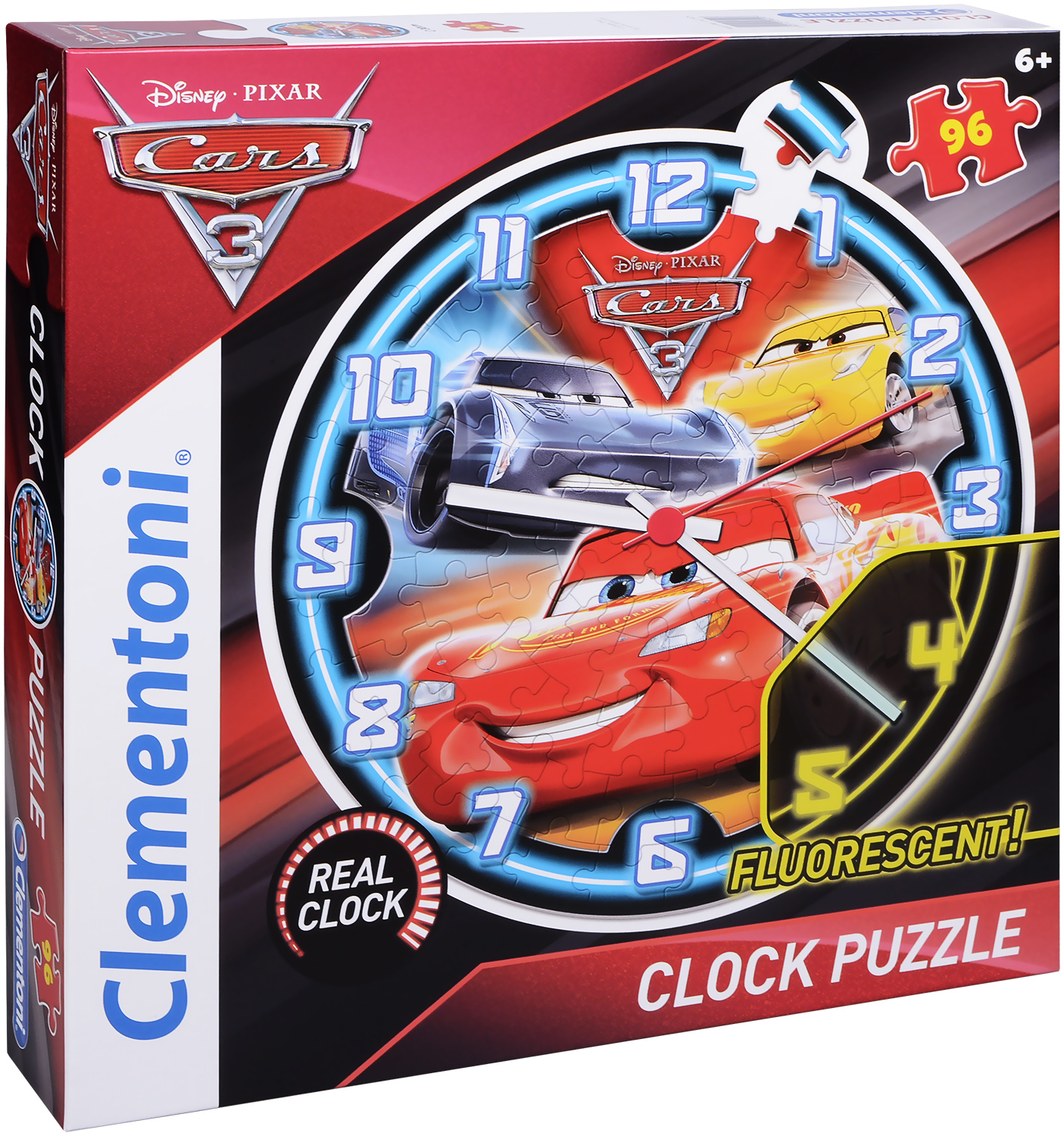 Светещ пъзел-часовник Clementoni от 96 части - Колите 3, с механизъм
