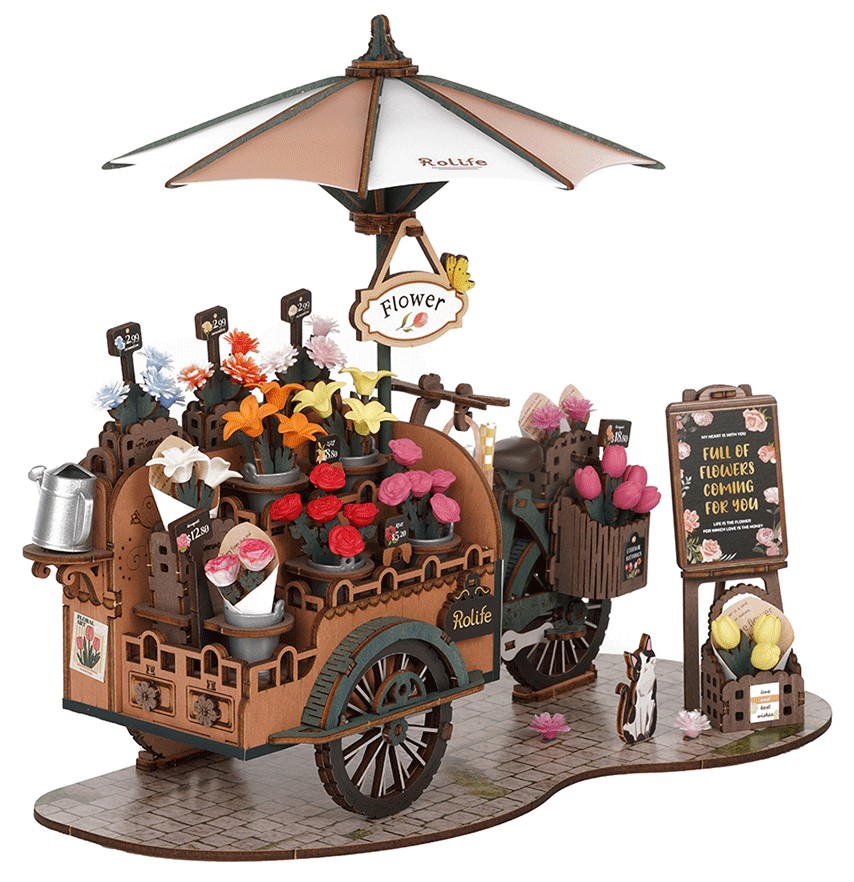 Дървен 3D пъзел Robo Time от 187 части - Количка за цветя