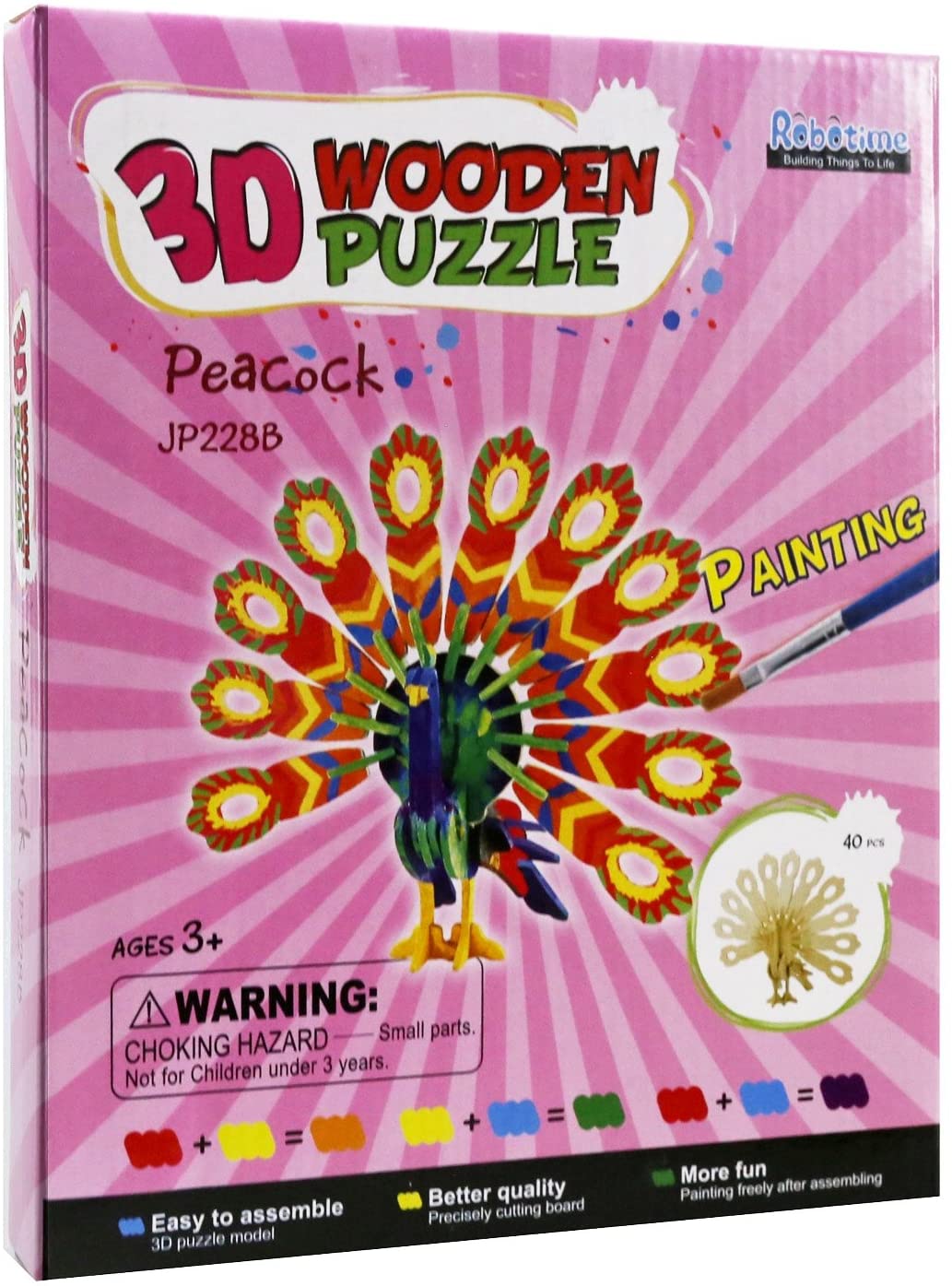 Дървен 3D пъзел Robo Time от 40 части – Паун