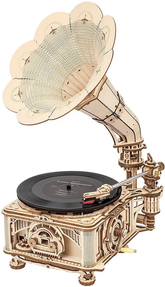 Дървен 3D пъзел Robo Time от 424 части - Класически грамофон с ръчен режим