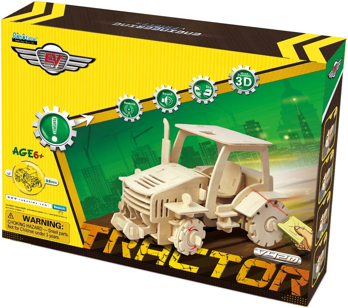 Дървен 3D пъзел Robo Time от 88 части – Трактор с RC управление