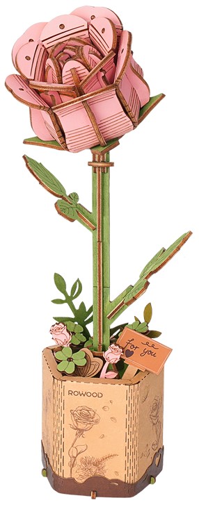 Дървен 3D пъзел Robo Time от 104 части - Розова роза