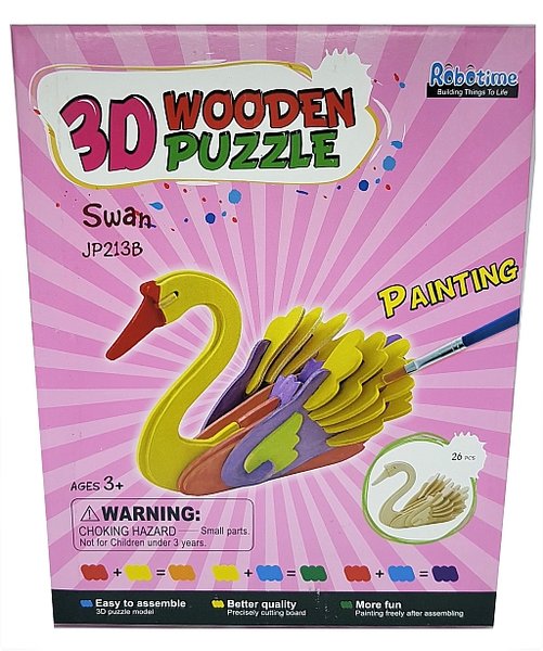 Дървен 3D пъзел с боички Robo Time от 26 части – Лебед