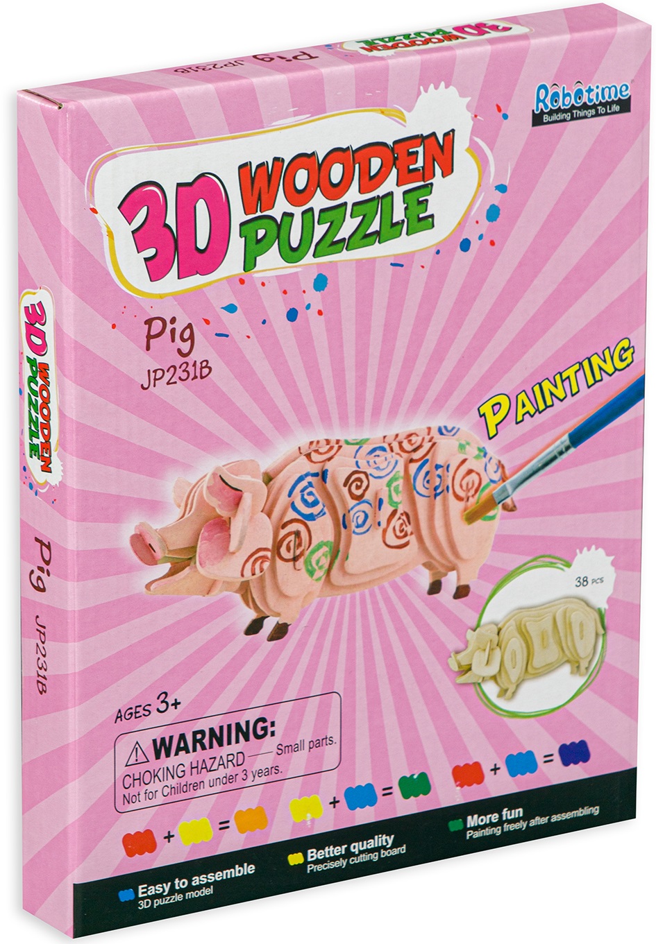 Дървен 3D пъзел с боички Robo Time от 38 части – Прасе