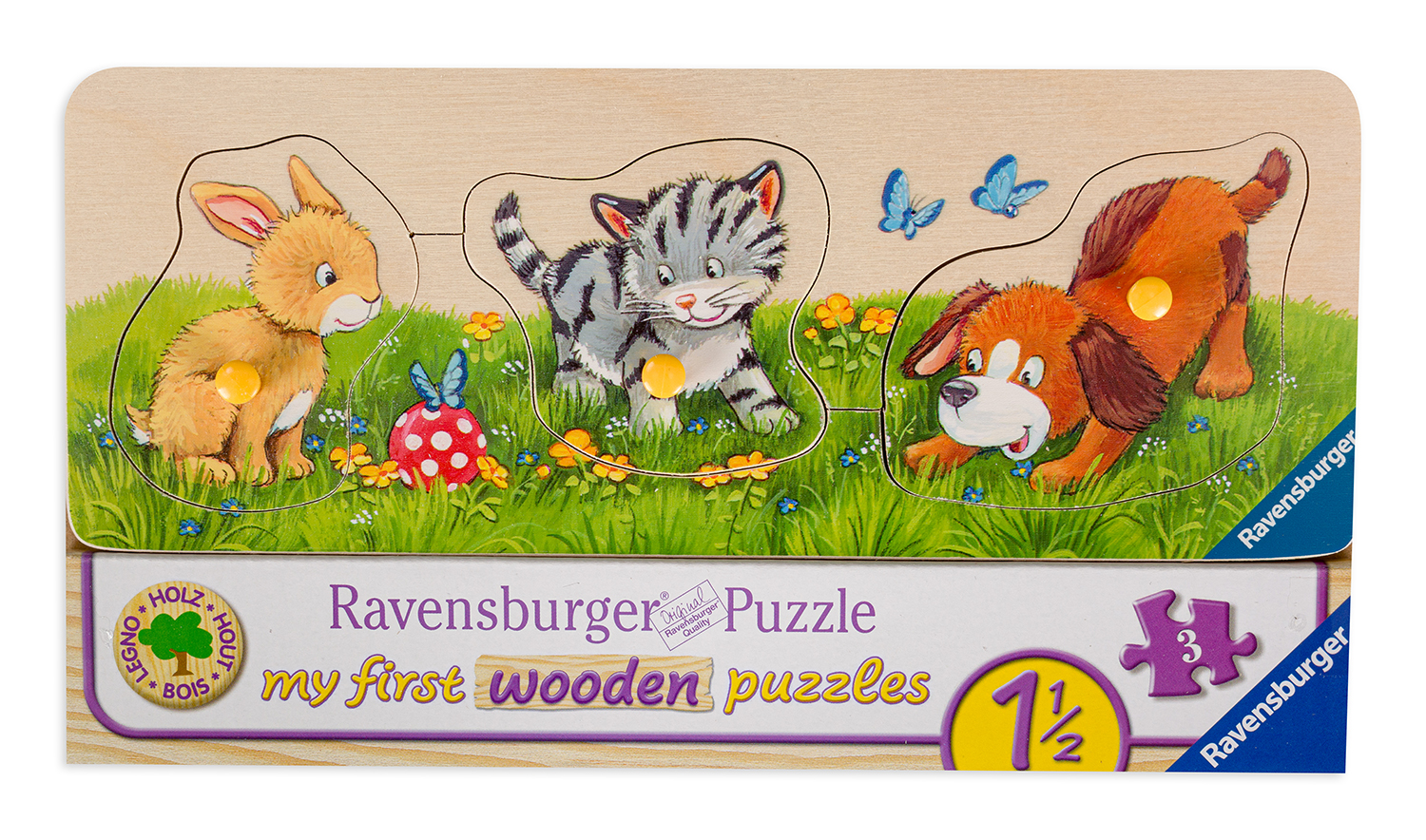 Дървен пъзел Ravensburger от 3 части - Сладки бебета животни