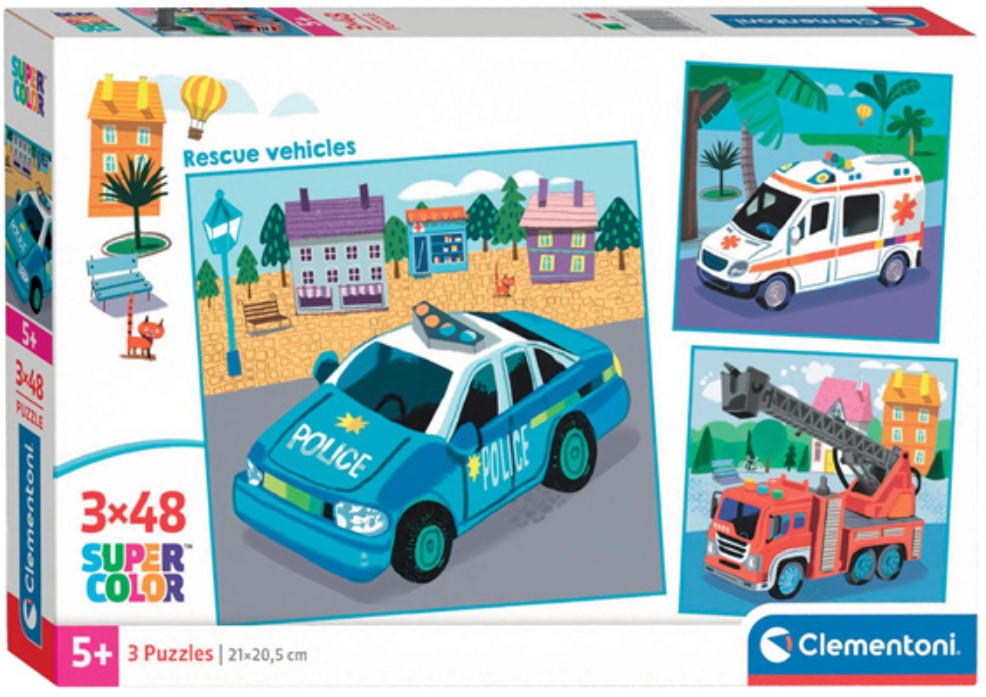 Детски пъзел Clementoni от 3 x 48 части - Превозни средства за спешна помощ