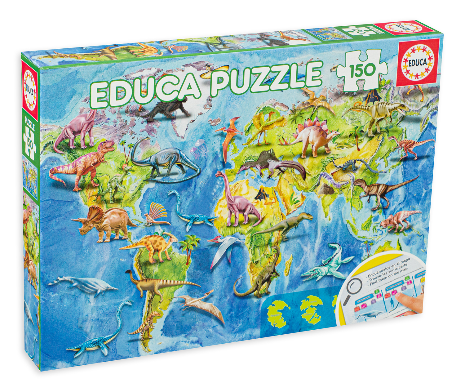 Детски пъзел Educa от 150 части - Карта на света с динозаврите
