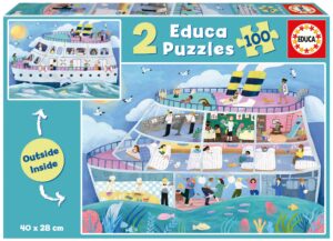 Детски пъзел Educa от 2 x 100 части - Кораб отвън и отвътре