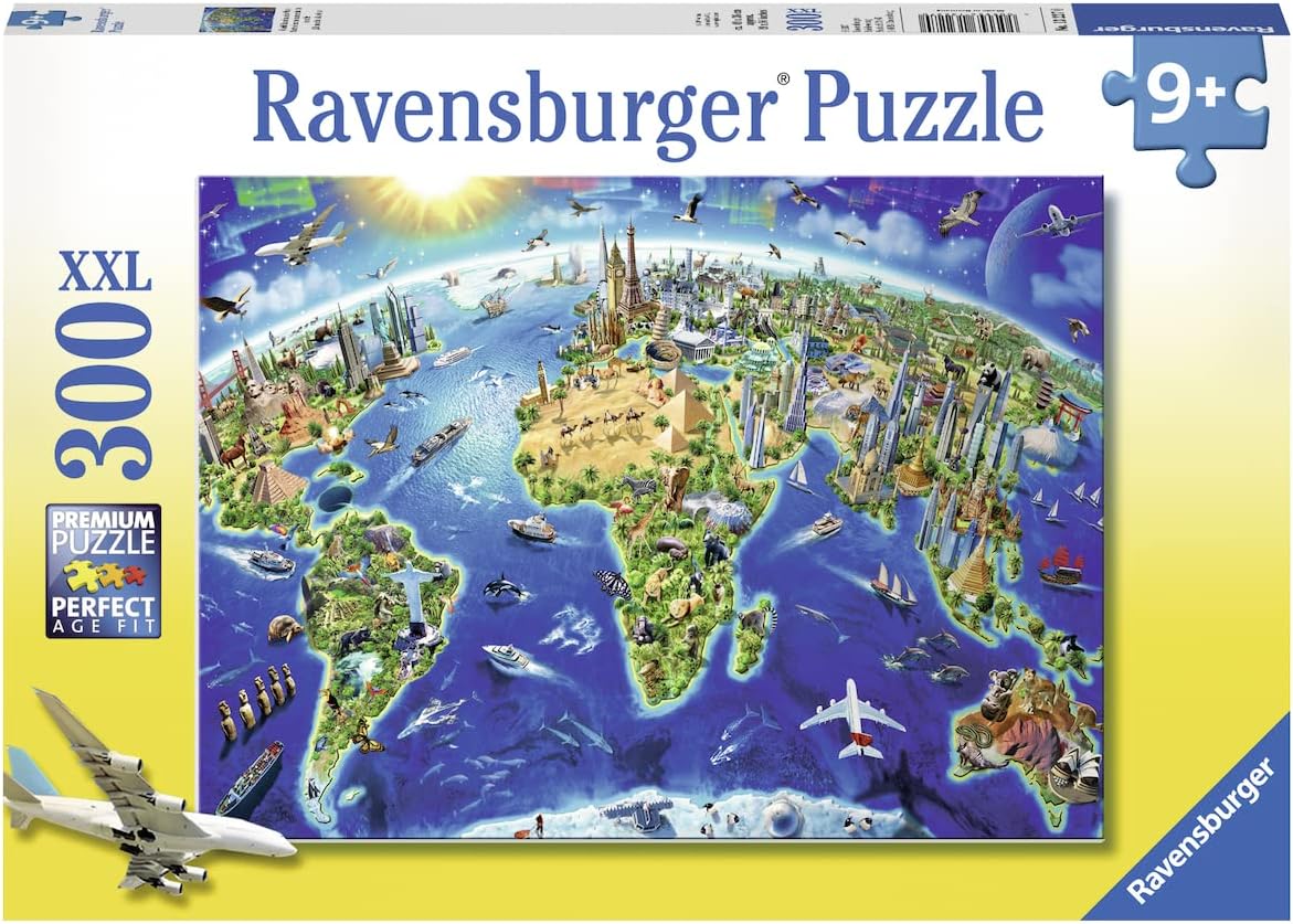 Детски пъзел Ravensburger от 300 XXL части - Карта със световни забележителности