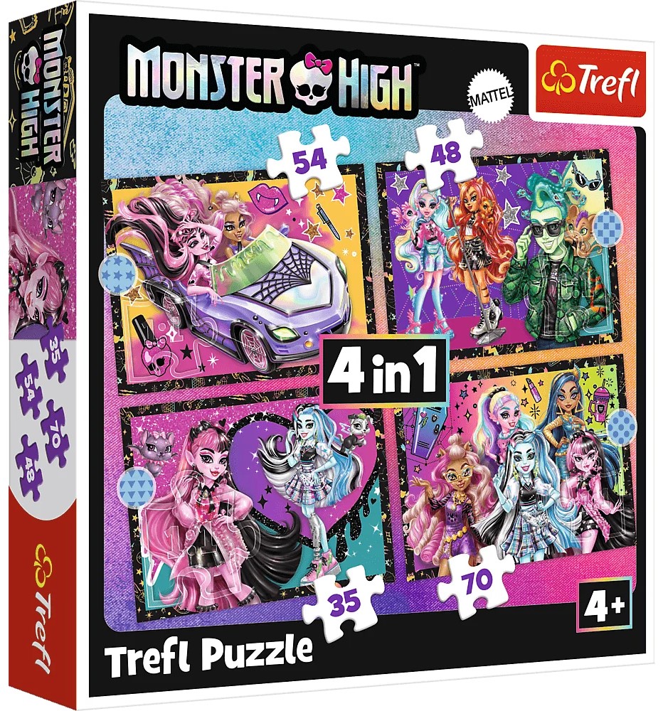 Детски пъзел Trefl 4 в 1 - Наелектризиращ ден в Монстър Хай
