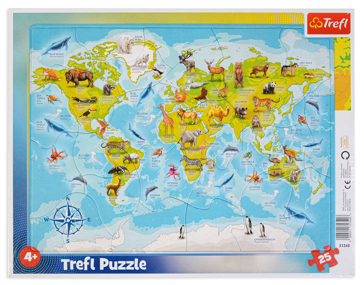 Детски пъзел Trefl от 25 части - Карта на света с животни