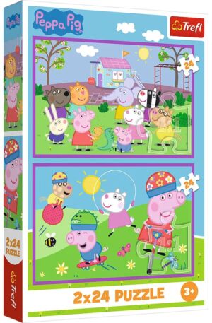 Детски пъзел Trefl от 2 x 24 части - Прасенцето Пепа на детската площадка