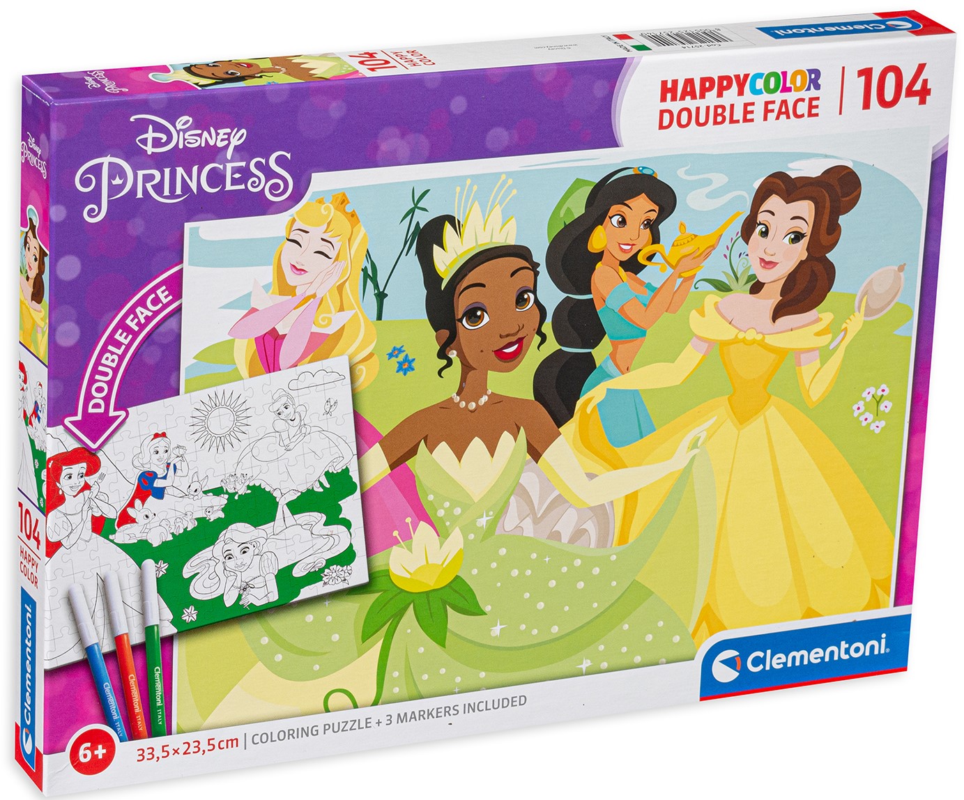 Двулицев пъзел Clementoni за оцветяване от 104 части - Принцеси