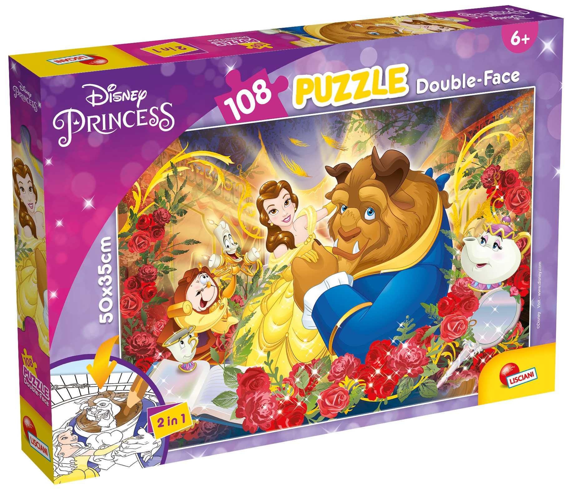 Двулицев пъзел Lisciani за оцветяване от 108 части - Красавицата и Звяра