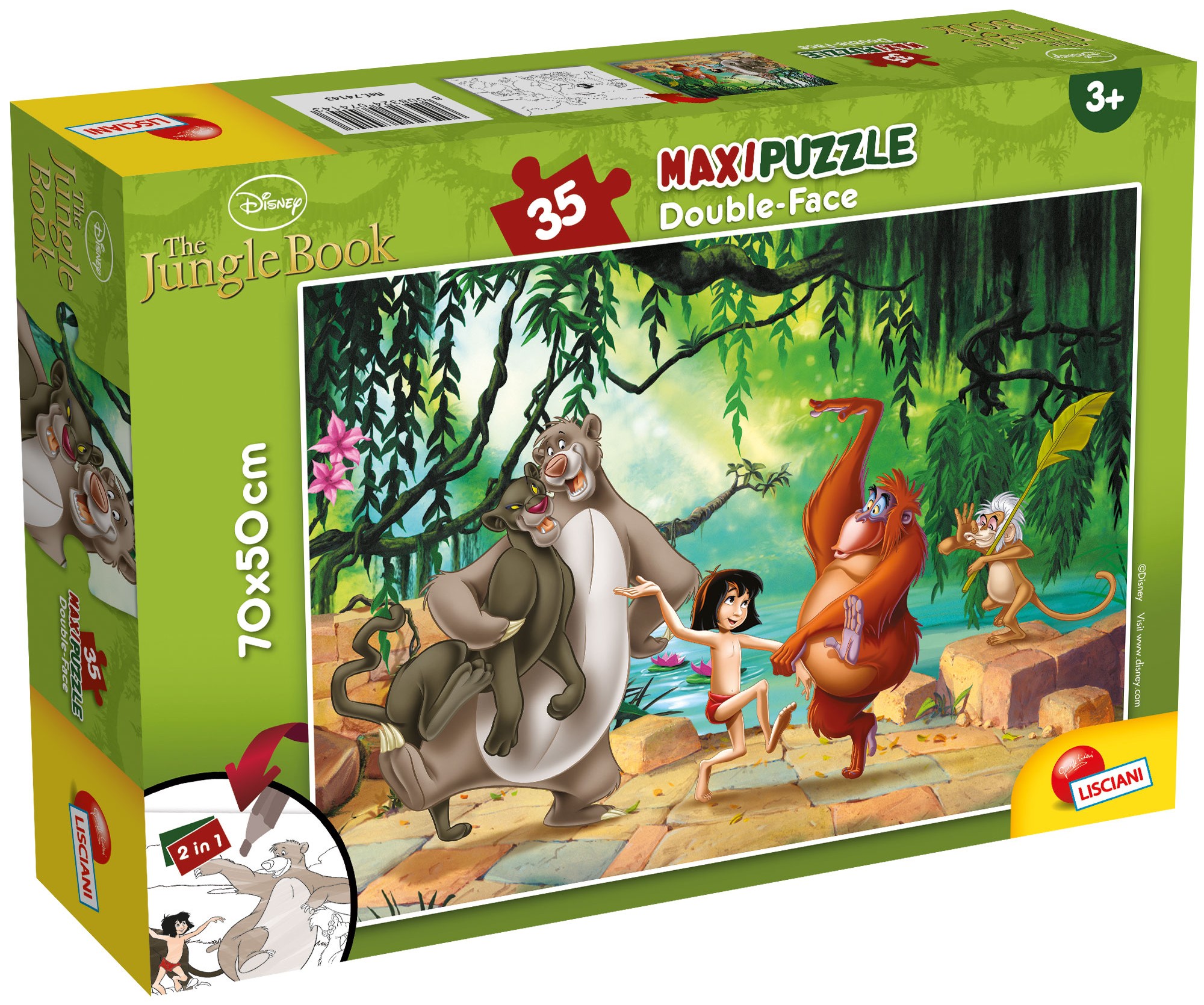 Двулицев пъзел Lisciani за оцветяване от 35 части - Книга за джунглата