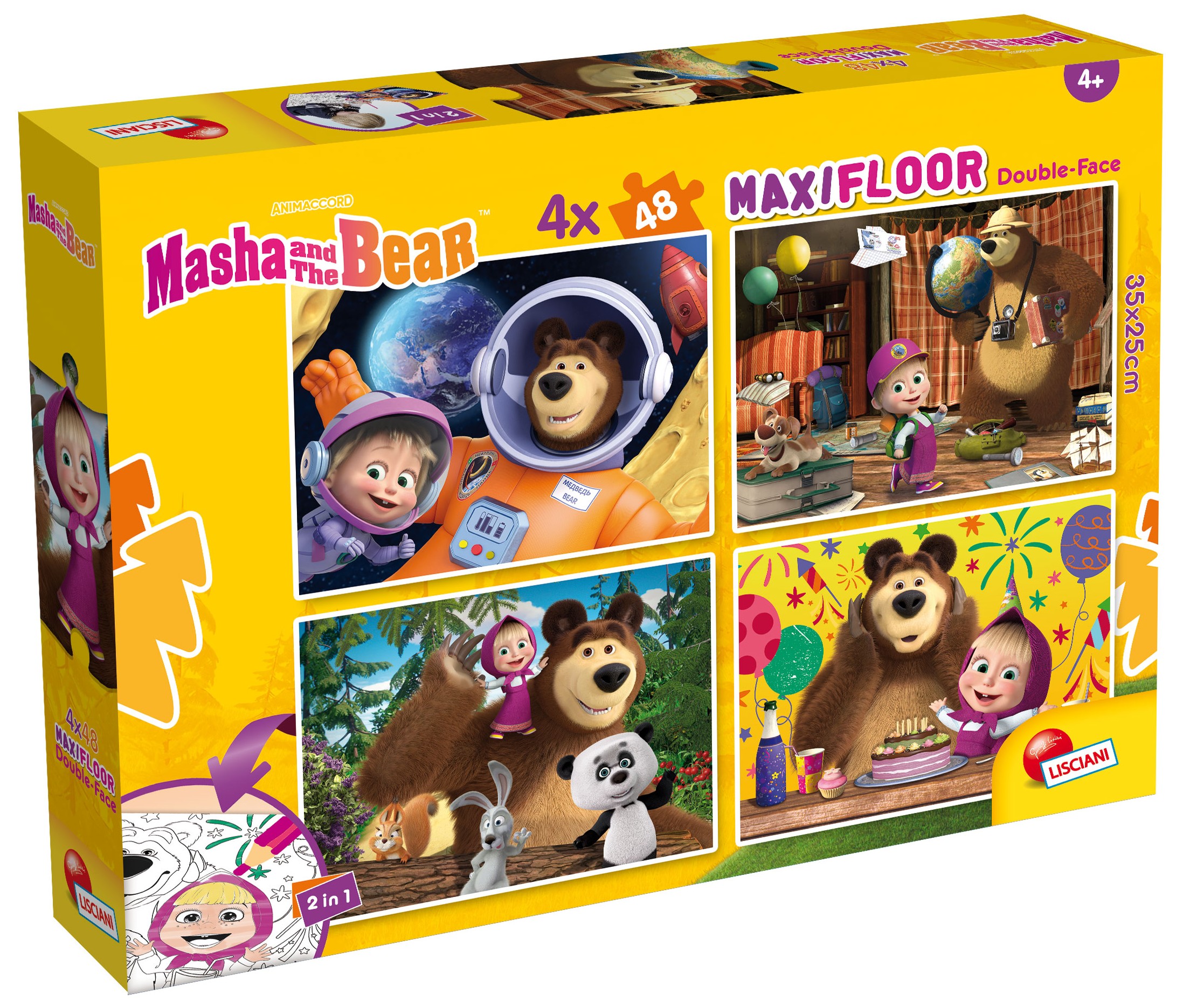 Двулицев пъзел Lisciani за оцветяване от 4 х 48 части - Маша и Мечокът