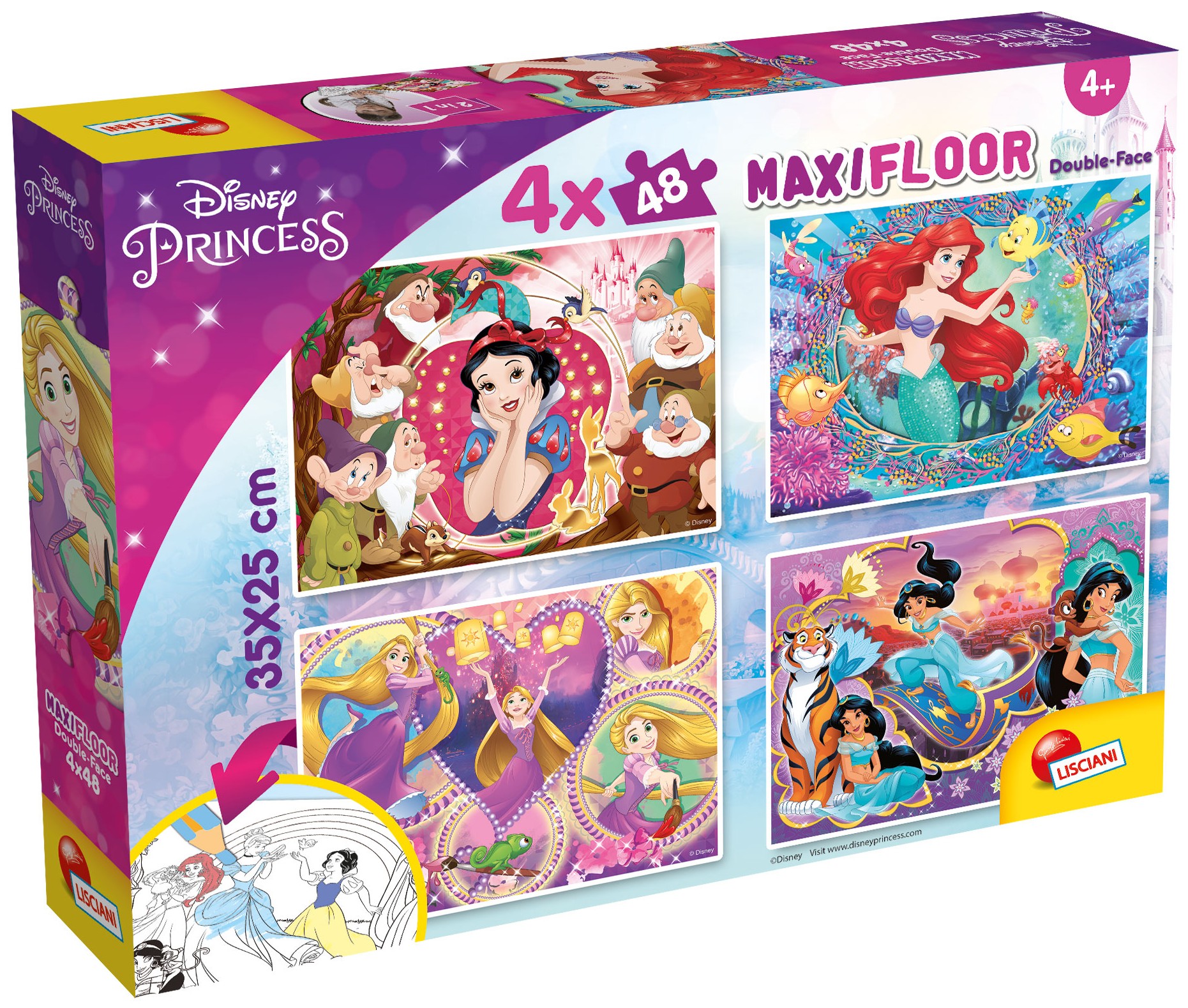 Двулицев пъзел Lisciani за оцветяване от 4 х 48 части - Принцеси
