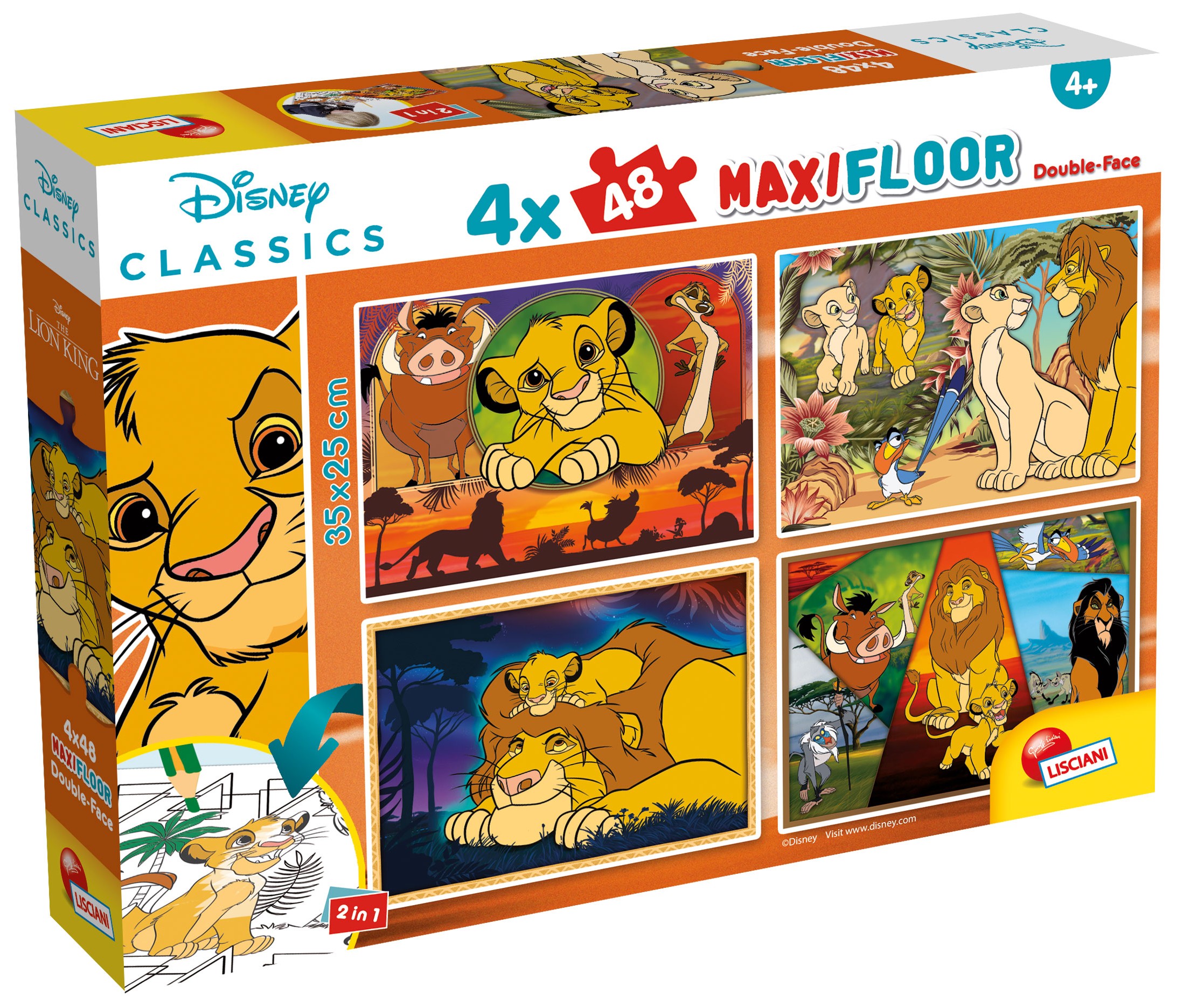 Двулицев пъзел Lisciani за оцветяване от 4 х 48 части - Цар Лъв