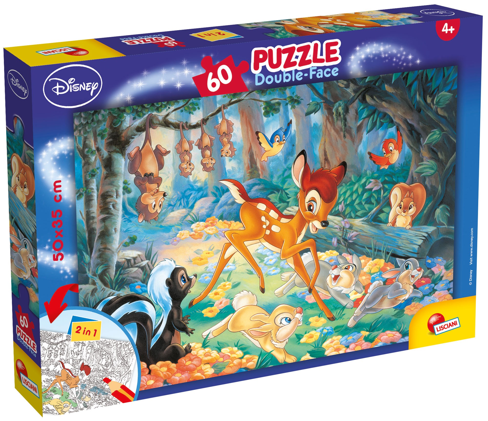 Двулицев пъзел Lisciani за оцветяване от 60 части - Бамби