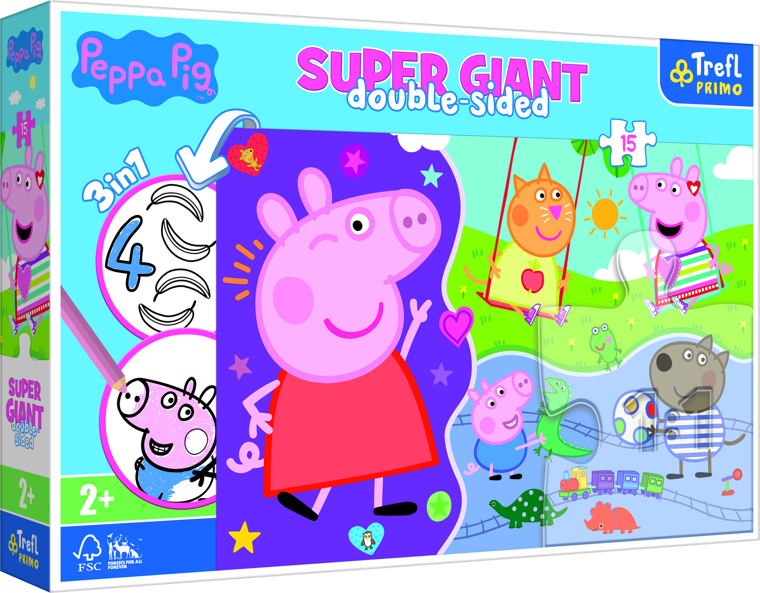 Двустранен пъзел Trefl 3в1 от 15 части - Среща с прасенцето Пепа