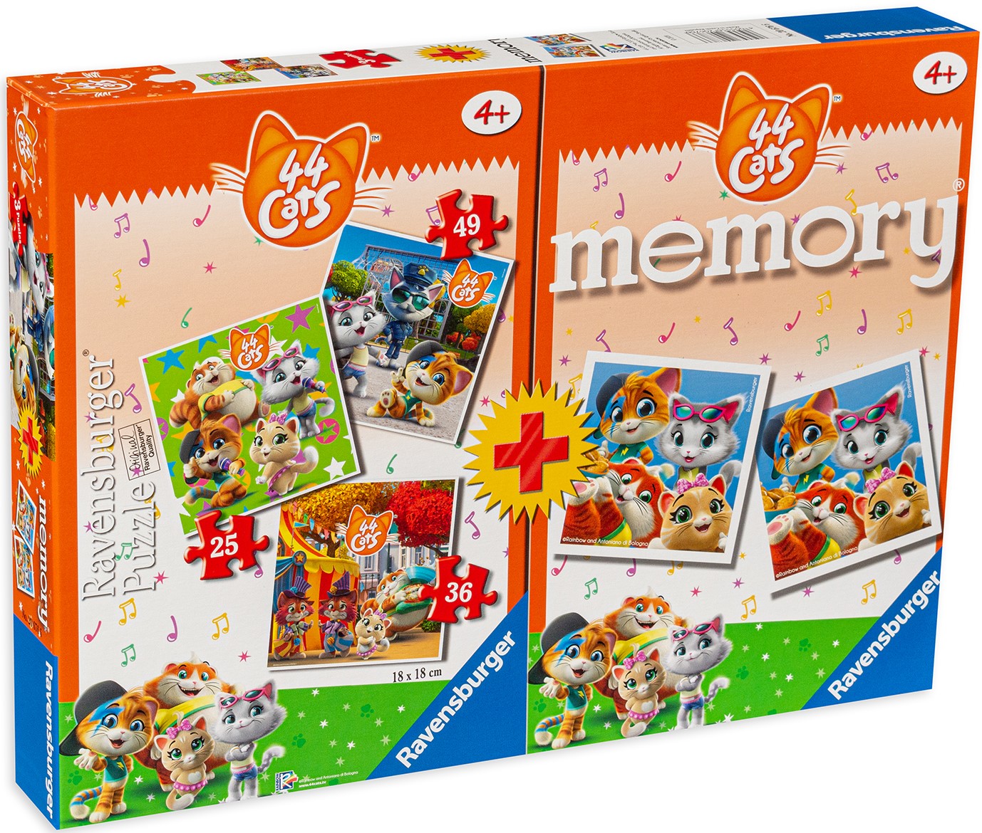 Комплект 3 пъзела и мемори игра Ravensburger - 44 котки