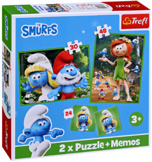 Комплект пъзел и мемо игра Trefl 2 в 1 - Смърфовете се забавляват