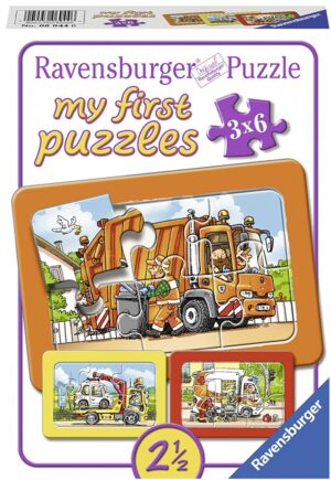 Пъзел Ravensburger от 3 x 6 части - Боклукчийски камион, автовоз и линейка