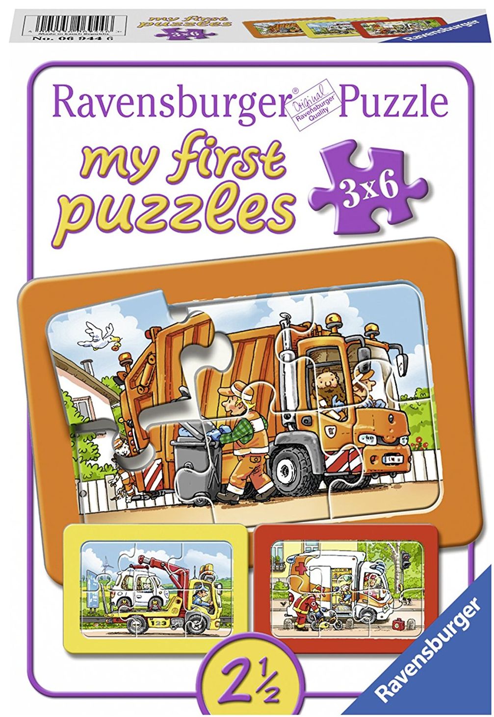 Пъзел Ravensburger от 3 x 6 части - Боклукчийски камион, автовоз и линейка