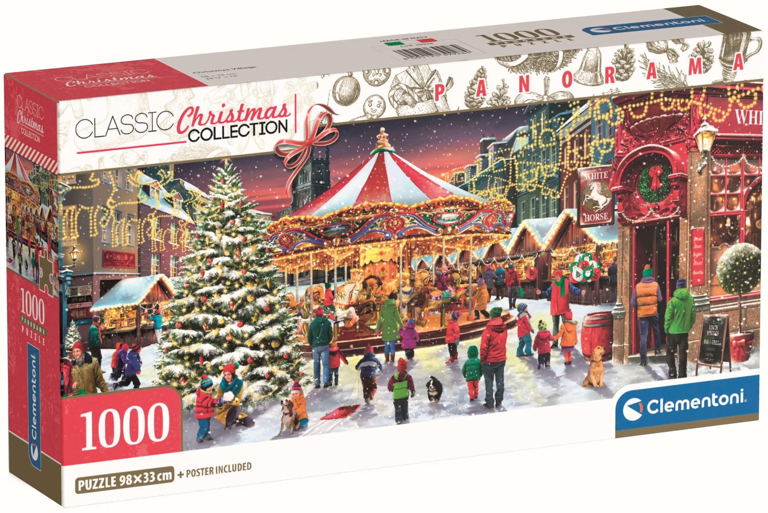 Панорамен пъзел Clementoni от 1000 части - Коледно селце